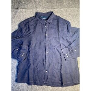 Perry Ellis Casual Shirt Men 2XL Navy Solid Linen Relaxed Fit Collared Button Up